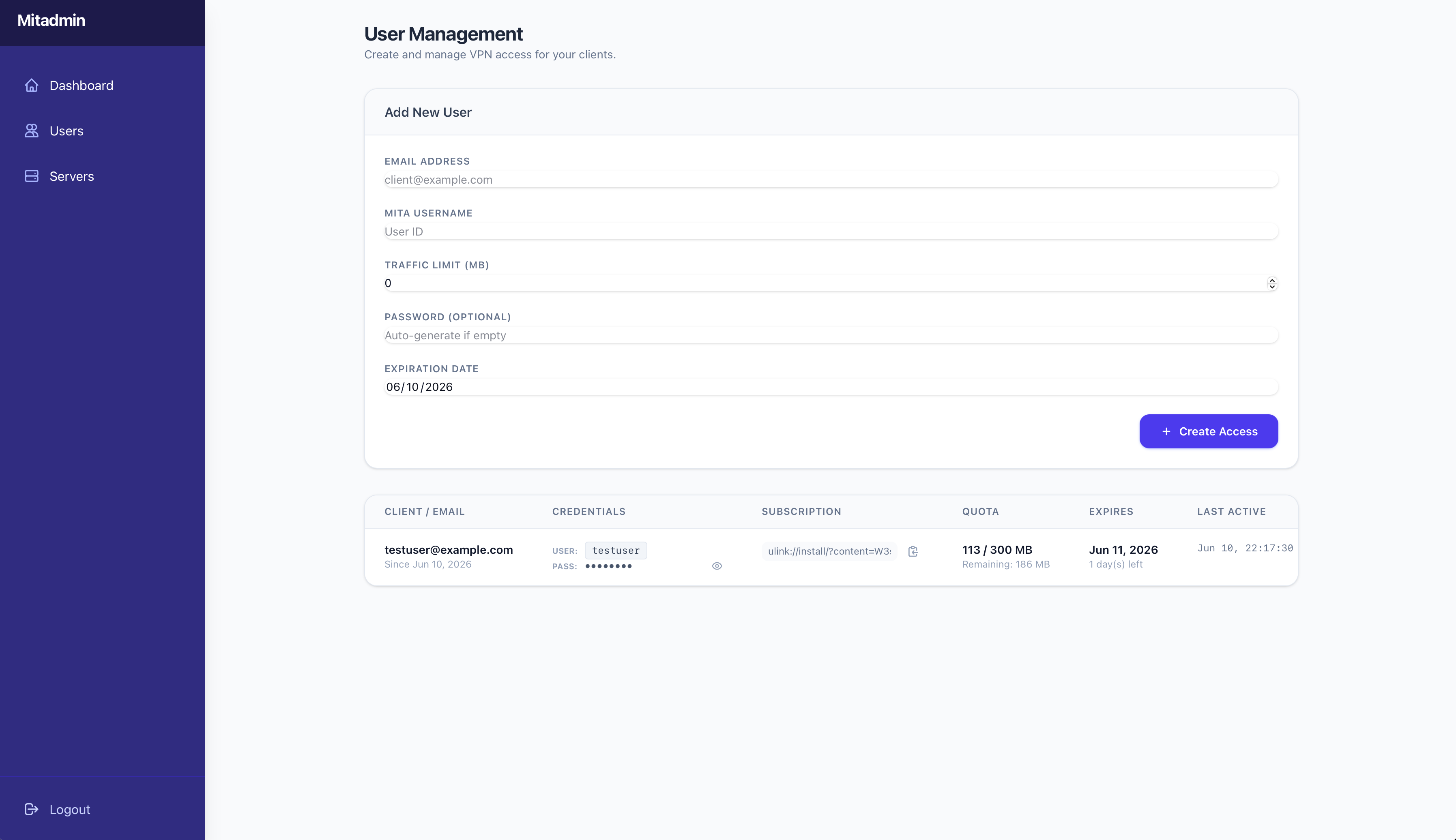 Mitadmin dashboard